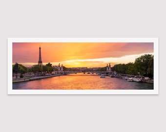 Photographie d'art de Paris, Photo panoramique Pont Alexandre III, Tirage original Tour Eiffel, Coucher de soleil, Panorama, Cadeau Paris