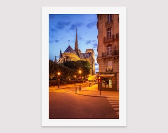 Fine Art Print of Notre Dame Cathedral, Paris, France, dusk cityscape photography, night scene, Paris street, Notre Dame wall art