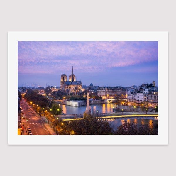 Paris Photograph, Fine Art Print for decorating your walls, Notre Dame cathedral at sunset, night photography in France