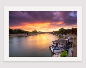 Paris Sunset Photography, Pont Alexandre III, Eiffel Tower, River Seine, Boats, Epic Sunset, Travel Photography, Wall Art, Home Decor