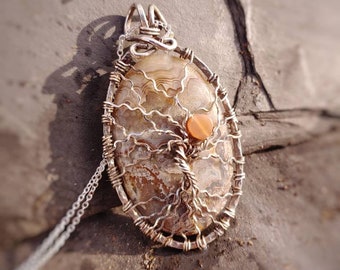 Painted Desert -- Wire wrapped Agate Moonstone Silver Tree of Life Pendant // crazy lace agate witchy wire wrapped jewelry