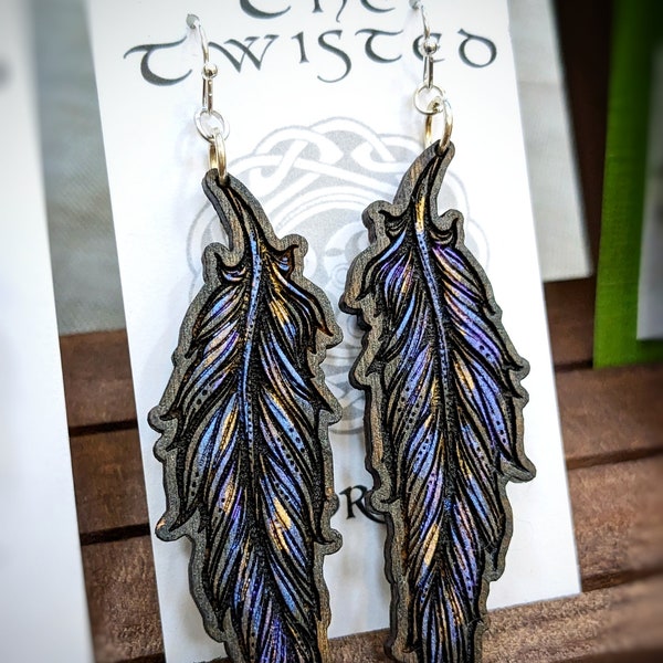 Raven's Feather Hand Painted Wood Earrings // Sustainable Recycled Wood Sterling Witchy Cottagecore Fashion Crow Raven