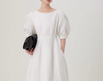 White Puffy Sleeve Linen Dress,Smock linen dress,Summer Long Dress,Simple Linen Dress,Women Long Elegant Dress,Party Dress