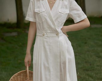 White Linen Dress with Collar,Linen Pleated Dress,Short Sleeve Midi Dress,Smock linen dress,Retro Dress,Pocket Dress,Casual linen dress