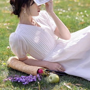White Linen Dress,V neck Linen dress,Long Vintage Dress,Elegant Dress,Simple Linen Dress,Customized Linen dress