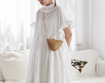 High Collar Linen Dress,Short Sleeve Linen Pleated Dress,Smock linen dress,Summer Dress,Women Long Linen Dress