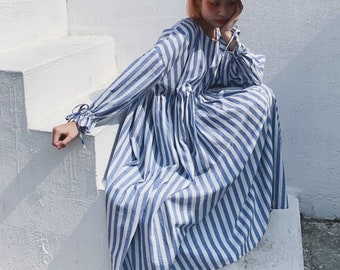 3/4 Ärmel Leinen Baumwollkleid, Lässiges Gestreiftes Kleid, Langes Maxi Kleid, Frauen Frühling Sommer Kleid