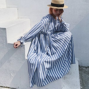 3/4 Sleeve Linen Cotton Dress,Casual Striped Dress,Long Maxi dress,Women Spring Summer Dress