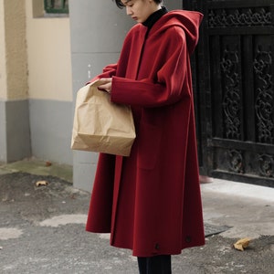 Red Hooded Wool Jacket,Winter Warm Wool Poncho,Wool Cloak,Big Pockets Winter Coat,Women Coat