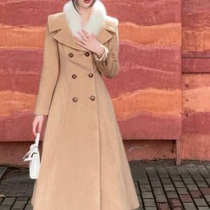 Camel Wool Fitted Coat,Wide Collar Winter Wool Swing Coat,Buttons Elegant Coat,Vintage Long Wool Coat,Handmade Coat