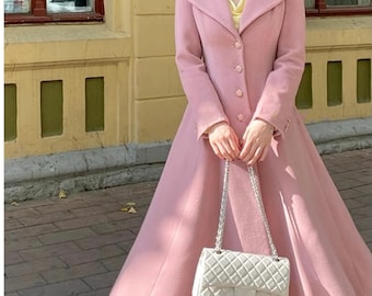 Pink Wool Fitted Coat,wool Princess Coat,women Long Cozy Jacket