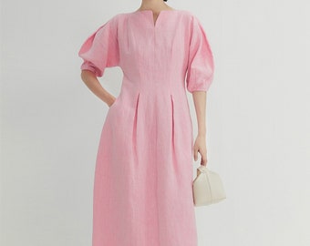 Puffy Sleeve Leinenkleid,Smock Leinenkleid,Sommer Midikleid,Boho Kleid,Einfaches Leinenkleid,Frauen Langes Kleid