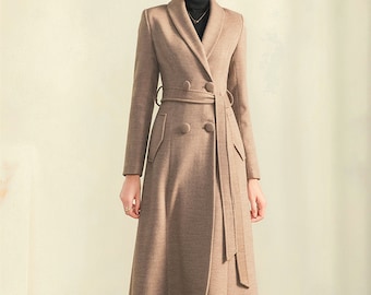 Zimowy długi wełniany płaszcz wizytowy, damska kurtka kaszmirowa, długi, przytulny płaszcz, zimowy płaszcz w dużym rozmiarze, płaszcz z paskiem, płaszcz księżniczki, ręcznie robiony płaszcz