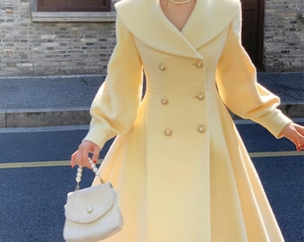 Abrigo de lana amarillo, abrigo princesa de lana, chaqueta larga y acogedora de cuello ancho, abrigo de lana de invierno, abrigo de vestir, abrigo hecho a mano