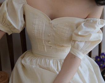 Sukienka letnia z bufiastymi rękawami, sukienka midi vintage, elegancka sukienka z odkrytymi ramionami, prosta sukienka z lnu i bawełny, sukienka plażowa