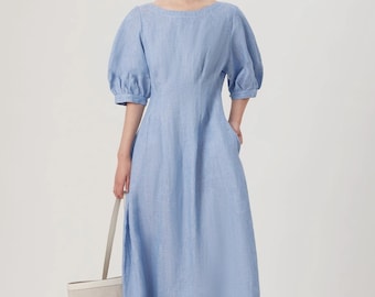 Vestido de lino de manga hinchada azul, vestido de lino smock, vestido largo de verano, vestido de lino simple, vestido largo elegante de las mujeres