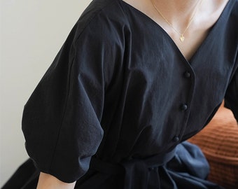 Robe d'été à col en V, robe en lin smockée, robe vintage femme, robe élégante boutonnée, robe en lin simple, robe ceinture, robe personnalisée