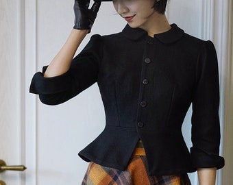 Abrigo negro, abrigo corto de otoño/invierno, abrigo de lana, abrigo de diseñador, chaqueta vintage, abrigo de mujer