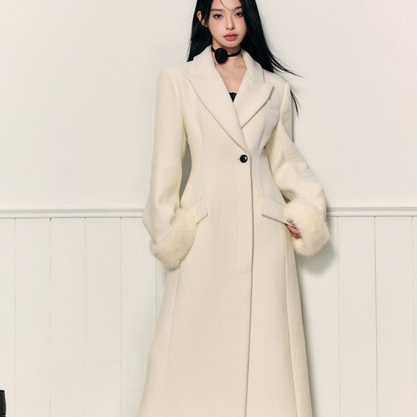 Women White Wool Jacket,Long Fitted Coat with Faux Fur Cuffs,Plus Size Winter Coat,Winter Wool Dress Coat,Princess Coat,Wedding wool coat
