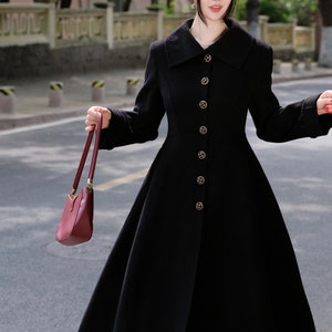 Schwarzer Wollmantel,Lange Prinzessin Mantel,Warmer Wollmantel,Fit and Flare WInter Mantel,A-Line Dress Coat,Handgefertigter Mantel