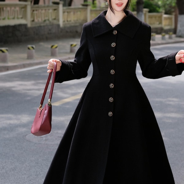 Black Wool Coat,Long Princess Overcoat,Warm Wool Coat,Fit and Flare WInter Coat,A-Line Dress Coat,Handmade Coat