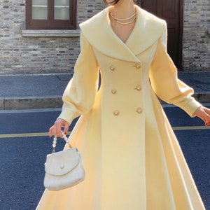 Yellow Wool Coat,Wool Princess Coat,Wide Collar Long Cozy Jacket,Winter Wool Swing Coat,Dress Coat,Handmade Coat