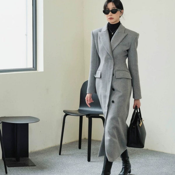 Gray Long Wool Jacket,Long Fit Coat,Stylish Winter Outwear,Wool Trench Coat,Pockets Coat,Custom Wool Coat