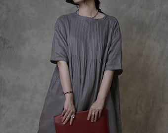 Loose Linen Dress,Linen Caftan,Short Sleeve Tunic Dress,Linen Pleated Dress,Smock linen dress,Spring Dress,Women Linen Dress