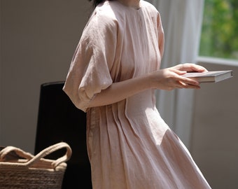 Pink Summer Dress,Puff Sleeve Linen Dress,Loose Linen Dress,Linen Caftan,Smock linen dress,Boho Dress,Women Long Linen Dress