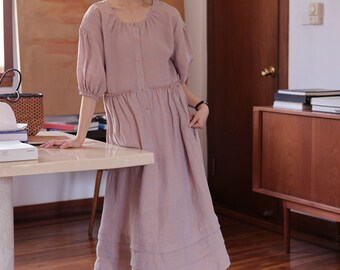 Halbarm-beiläufiges Leinenkleid, Leinenkaftan, Kittelleinenkleid, natürliches Leinenkleid, Frauen langes Leinenkleid