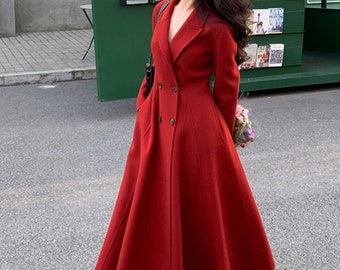 Red Princess Wool Coat,Winter Wool Swing Coat,Wool Fit and Flare Coat,Warm Winter Outwear,Handmade Coat