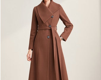 Big Collar Long Coat,Women Wool Dress Coat,Full Length Cashmere Jacket,Plus Size Winter Coat,Wool Belt Coat,Women Winter Coat