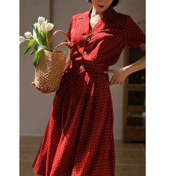 Red Chiffon Dress,Polka Dots Summer Dress,Flowy Chiffon dress,Vintage Dress,Women Chiffon Dress