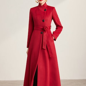 Red Long Coat,Long Wool Coat,Winter Cashmere Jacket,Wool Belt Coat,Buttons Coat,Winter Warm Coat,Handmade Coat