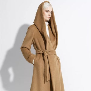 Hooded Wool Coat,Women Long Cape Coat,Winter Cashmere Casual Jacket,Wool Belt Coat,Winter Warm Coat,Handmade Coat