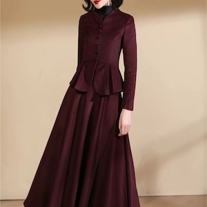 Casaco de lã cor de vinho, casaco de lã princesa, casaco de lã de inverno com saia de lã, casaco vestido, casaco feito à mão