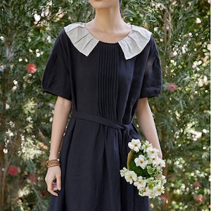Black Linen Dress,Linen Belt Dress,Vintage Dress,Smock linen dress,Midi Summer Dress,Women Long Linen Dress