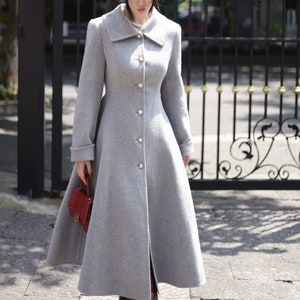 Gray Wool Princess Coat,Fall Winter Wool Swing Coat,Pearl Buttons Elegant Coat,Vintage Long Wool Coat,Handmade Coat