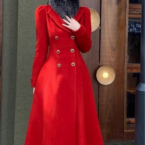 Red Wool fitted Coat,Puffy Sleeve Wool Outwear,Winter Wool Swing Coat,Dress Coat,Wedding Wool Coat,Handmade Coat