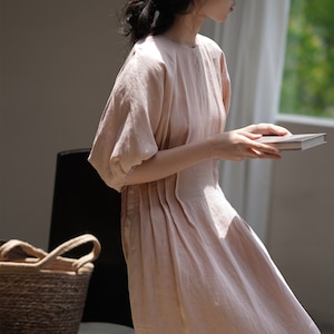Pink Summer Dress,Puff Sleeve Linen Dress,Loose Linen Dress,Linen Caftan,Smock linen dress,Boho Dress,Women Long Linen Dress