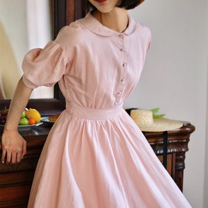 Pink Linen Dress,Smock linen dress,Puff Sleeve Midi Dress,Pincess Dress,Women Summer Dress