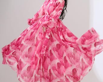 Vestido de gasa rosa, vestido de manga larga, vestido ligero, largo y fluido, vestido de noche, vestido de fiesta, vestido de verano, falda larga