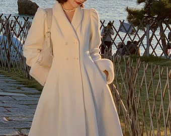 White Wool Coat,Long Warm Coat with Faux Fur Cuffs,Double Breasted Wool Outwear,Winter Wool Dress Coat,Princess Coat,Wedding wool coat