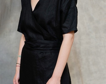 Abito di lino avvolgente estivo, abito Boho di lino, abito a tunica, vestito di lino Smock, abito di primavera, abito avvolgente di lino