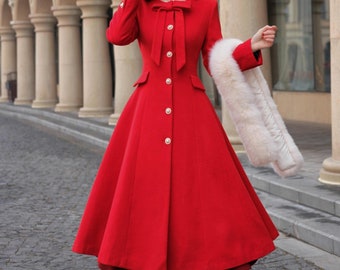 Abrigo de lana rojo, abrigo de princesa con lazo grande, abrigo largo y cómodo, abrigo de lana de invierno, abrigo de vestir, abrigo hecho a mano