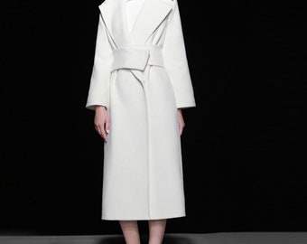 white wool dress coat