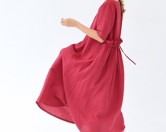 bohabille paris linen dress French Summer Dress, Linen, Bohabille Paris, Free Size, Drop Waist, Balloon Skirt, Midi Length, Red
