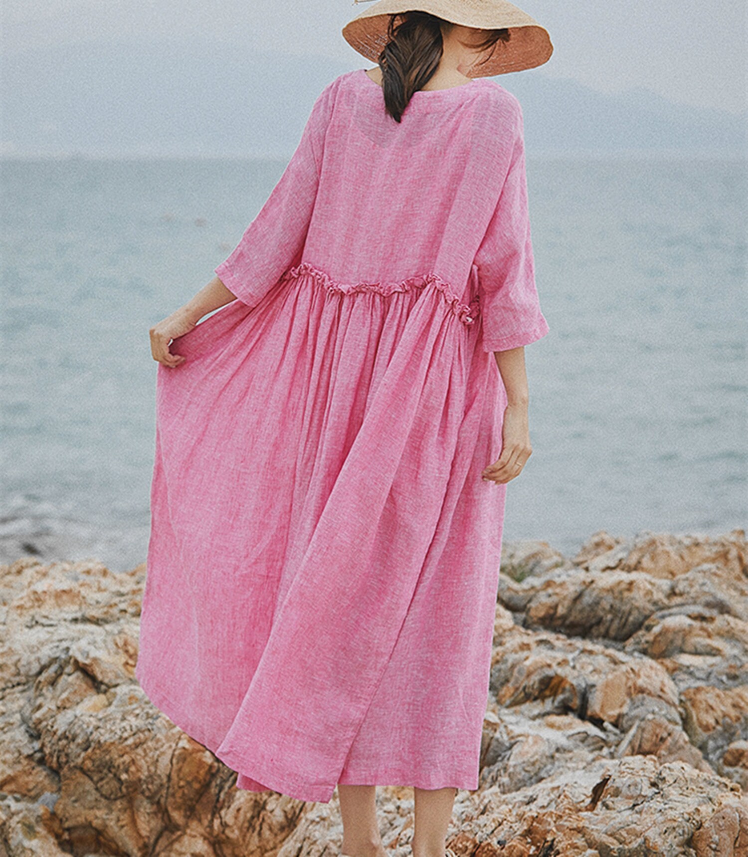 Pink linen dresscausal dresssummer beach dresslinen tunic | Etsy
