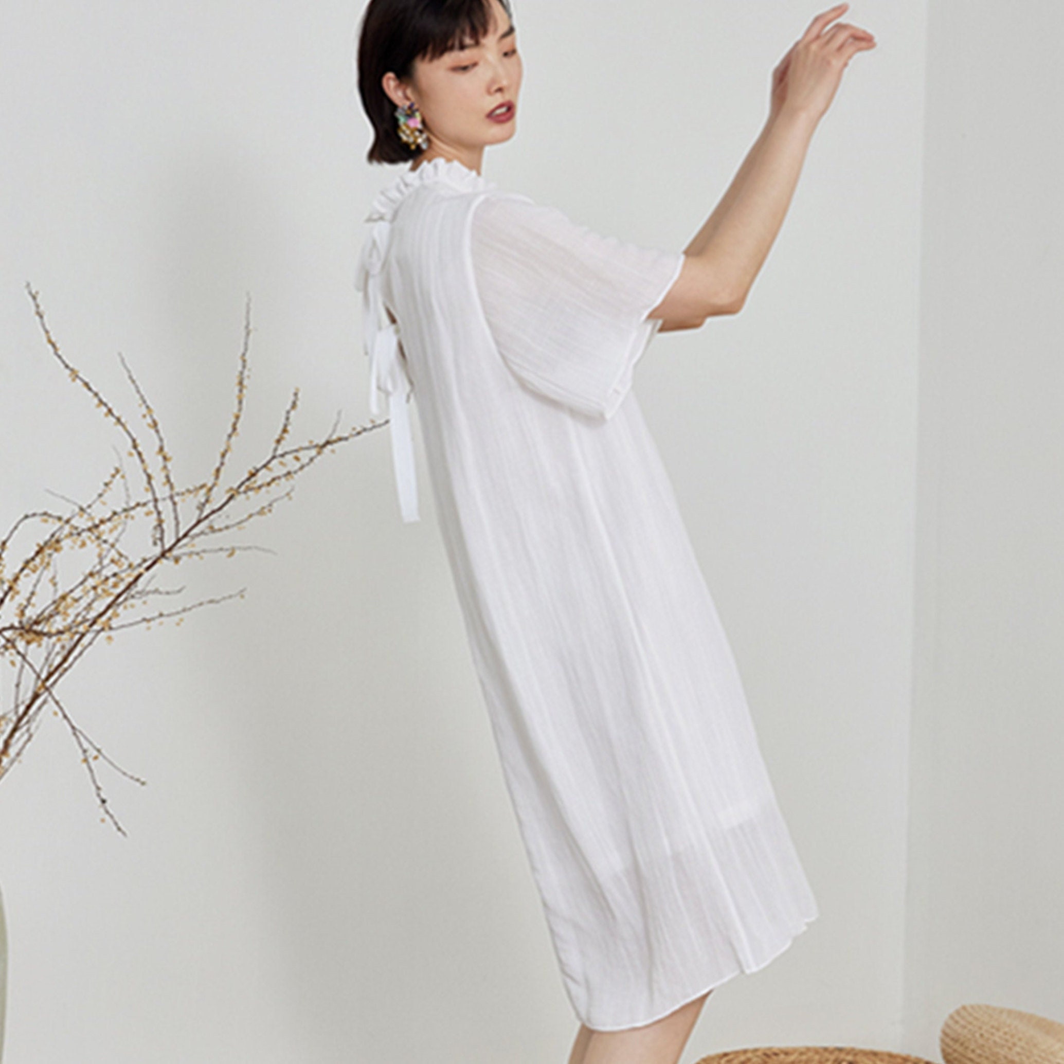 White tunic dress,Ruffle Collar Summer Dress,Ramie Linen dress,Loose Causel Dress,Boho Dress,Women Dress