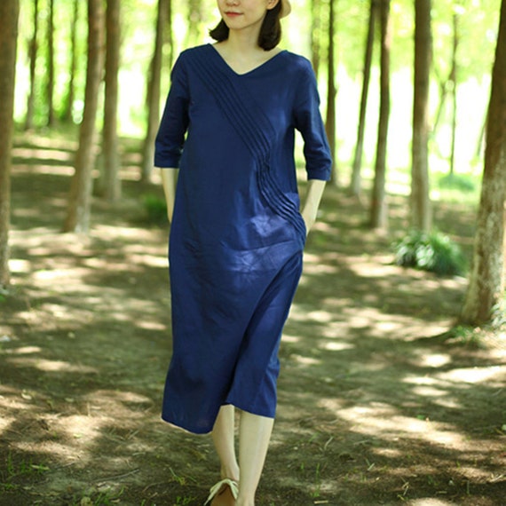 loose fitting tunic dresses Handmade Linen V-neck Tunic Dress, Loose Fit, Plus Size
